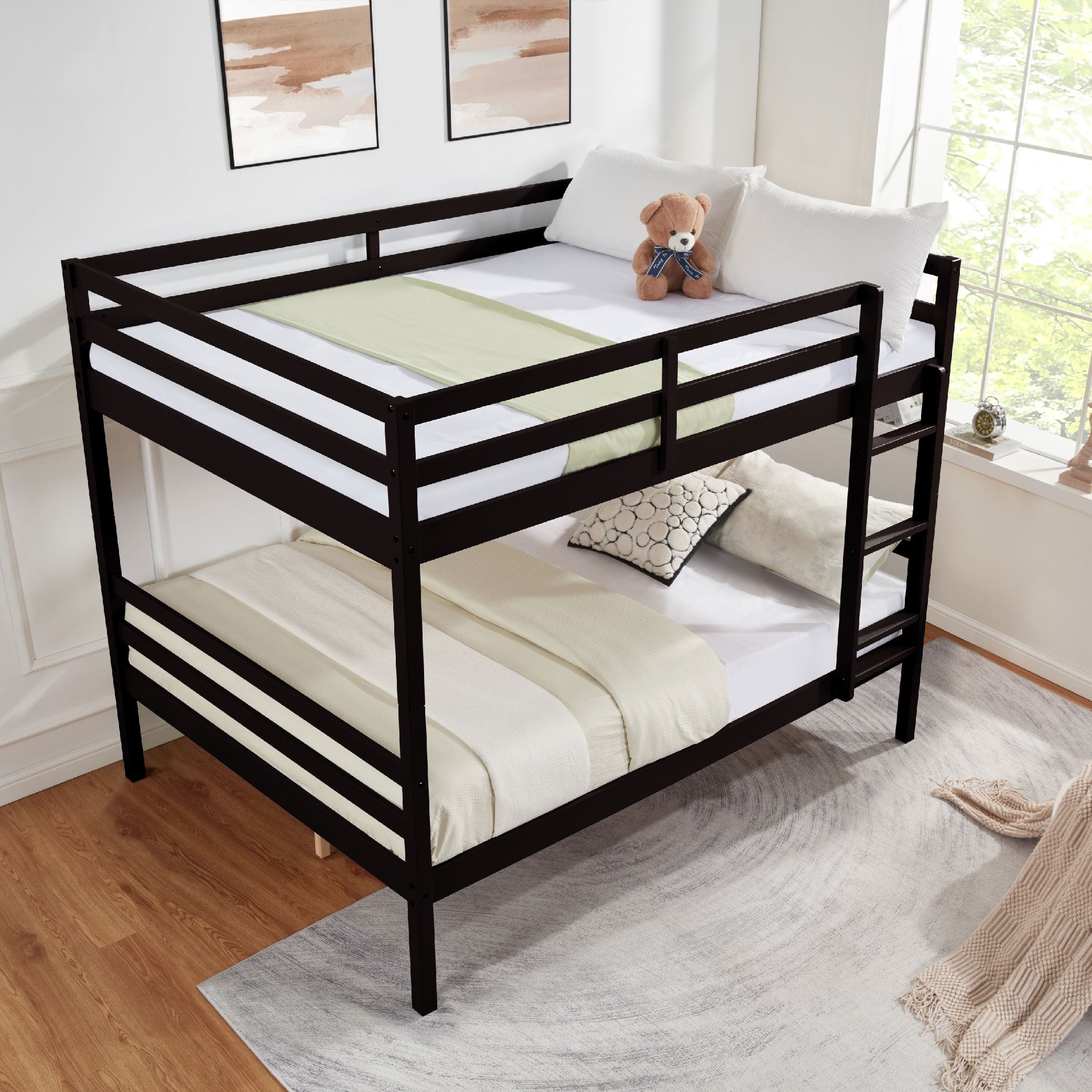 Full over Full Bunk Bed with Ladder,Wooden Bunk Bed with High Guardrail and Ladder for Kids, Teens, Dorm Rooms, and Guest Rooms,No Box Spring Needed,Espresso